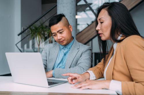 Asian employer conducting background checks in laptop